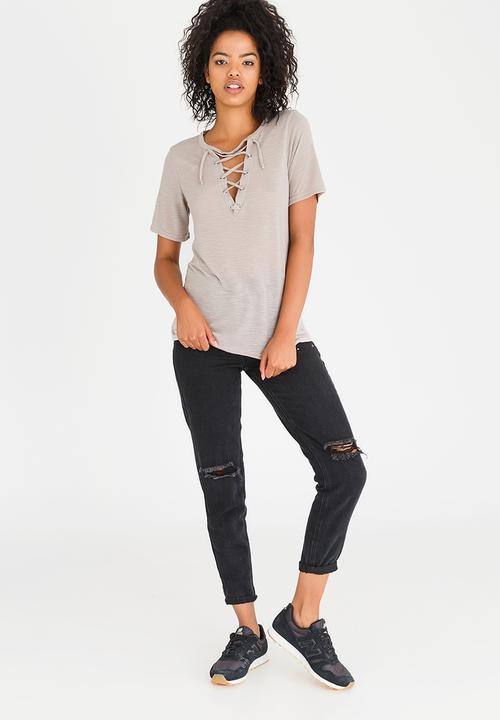 c(inch) - Lace-Up Choker Detail Tee Stone