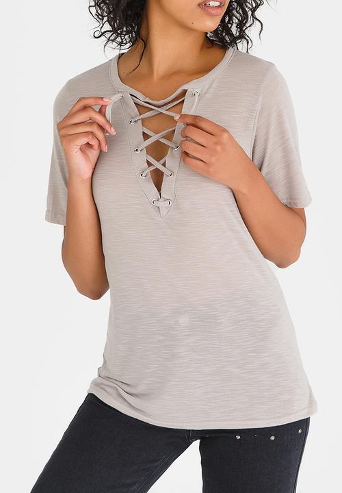 c(inch) - Lace-Up Choker Detail Tee Stone