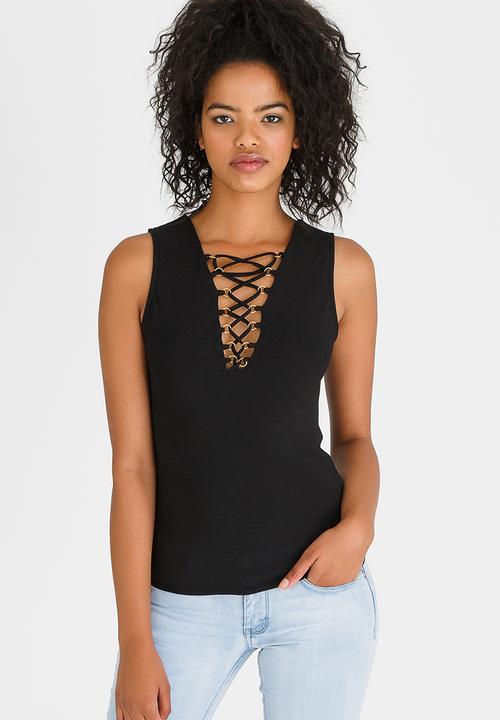 SISSY BOY - Lace-up Detail Top Black
