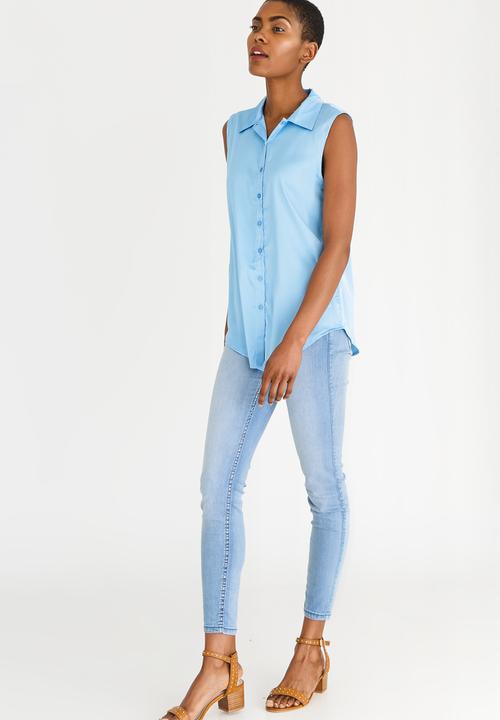 edit - Sleeveless Button Down Shirt Pale Blue