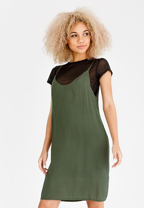 c(inch) - Double Layer Slip Dress Dark Green