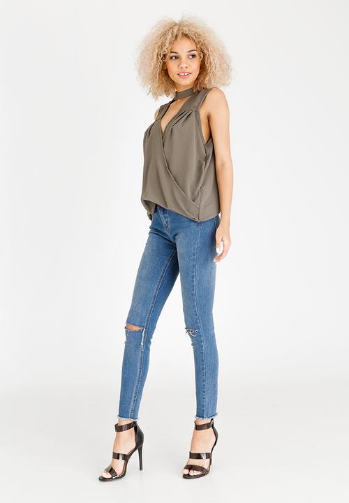 STYLE REPUBLIC - Choker Neckline Blouse Dark Green