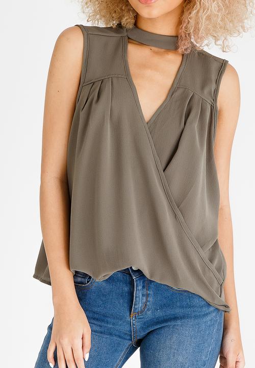 STYLE REPUBLIC - Choker Neckline Blouse Dark Green