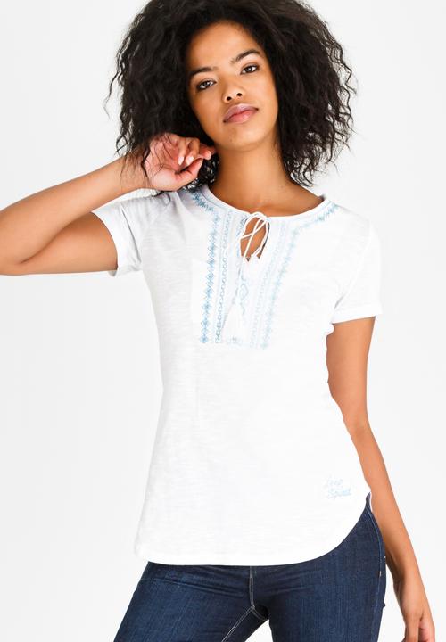 JEEP - Short Sleeve Slub Embroidered Top White