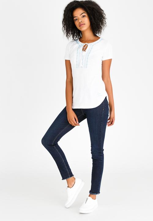 JEEP - Short Sleeve Slub Embroidered Top White