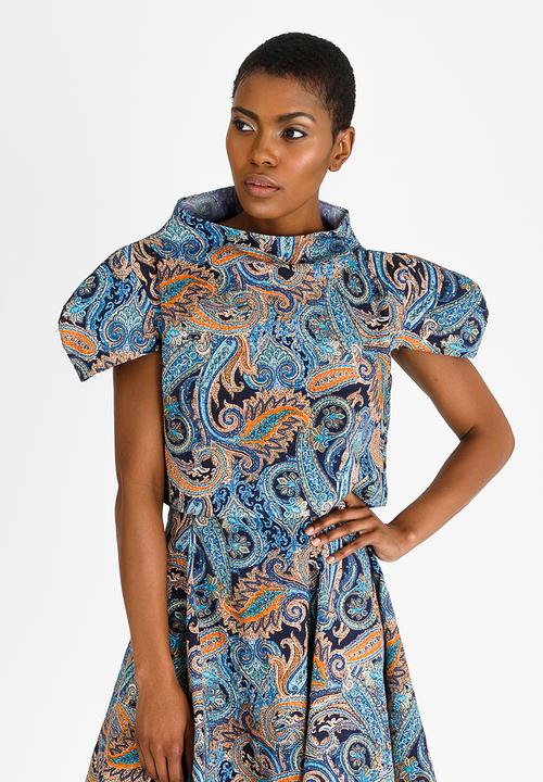 DAVID by David Tlale - Paisley Print Cropped Turtle Neck Top Blue