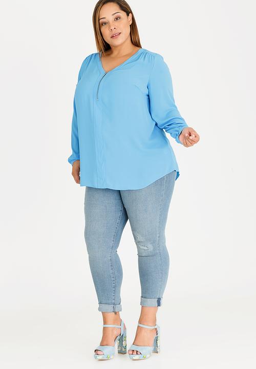 edit Plus - Zip Detail Blouse Blue