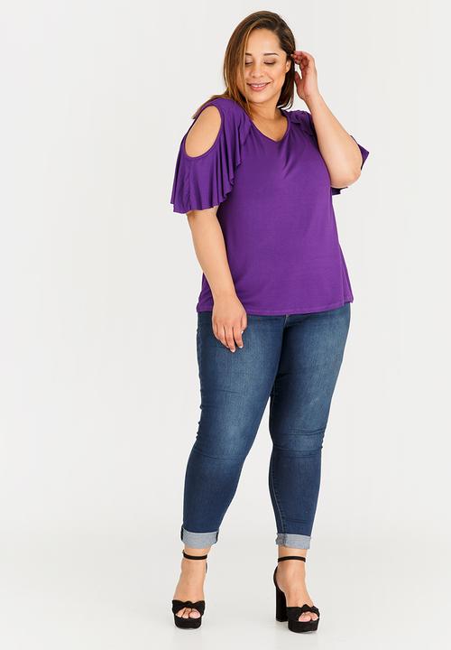 STYLE REPUBLIC PLUS - Cold Shoulder Frill T-shirt Mid Purple