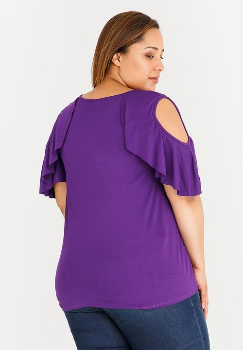 STYLE REPUBLIC PLUS - Cold Shoulder Frill T-shirt Mid Purple