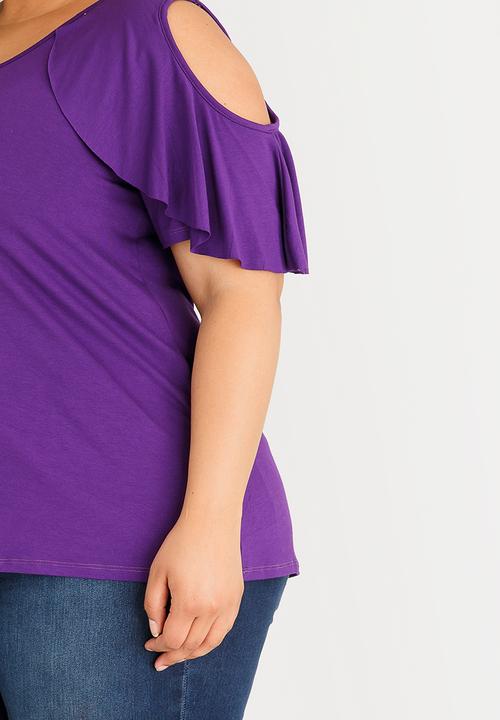 STYLE REPUBLIC PLUS - Cold Shoulder Frill T-shirt Mid Purple