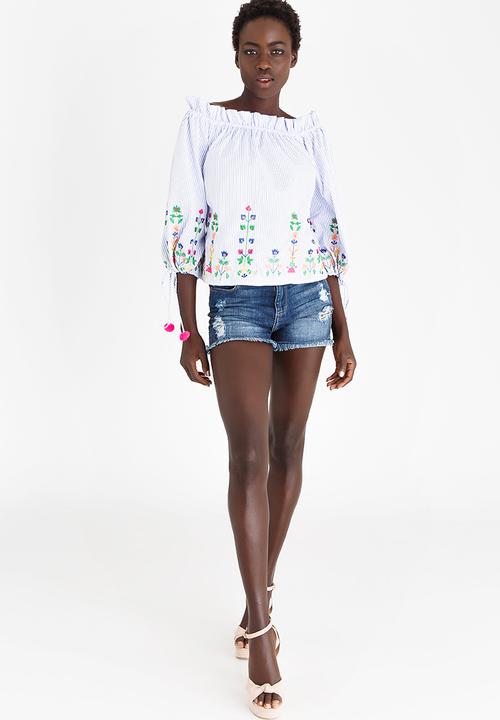 c(inch) - Embroidered Bardot Blouse Pale Blue