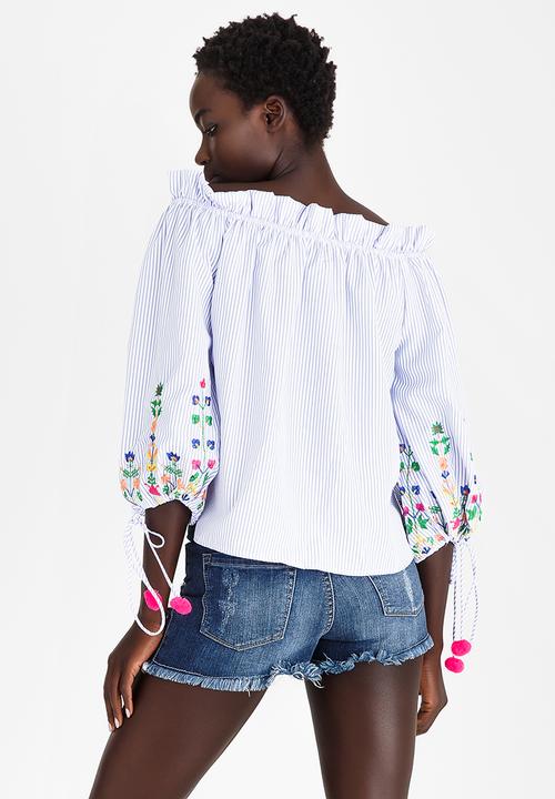 c(inch) - Embroidered Bardot Blouse Pale Blue