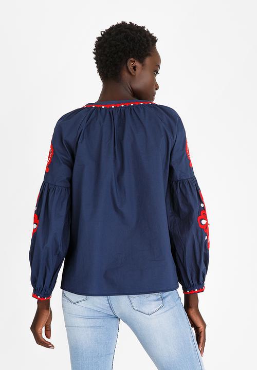 STYLE REPUBLIC - Embroidered Sleeve Blouse Navy