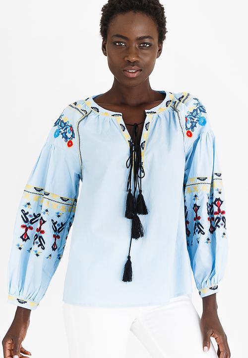 STYLE REPUBLIC - Embroidered Sleeve Blouse Pale Blue