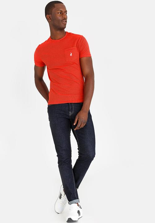 POLO - Fine Stripe Crew Neck T- Shirt Red