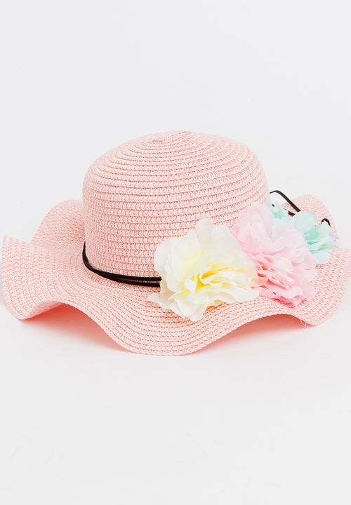 Pop Candy - Girls Flower Trim Straw Hat Mid Pink