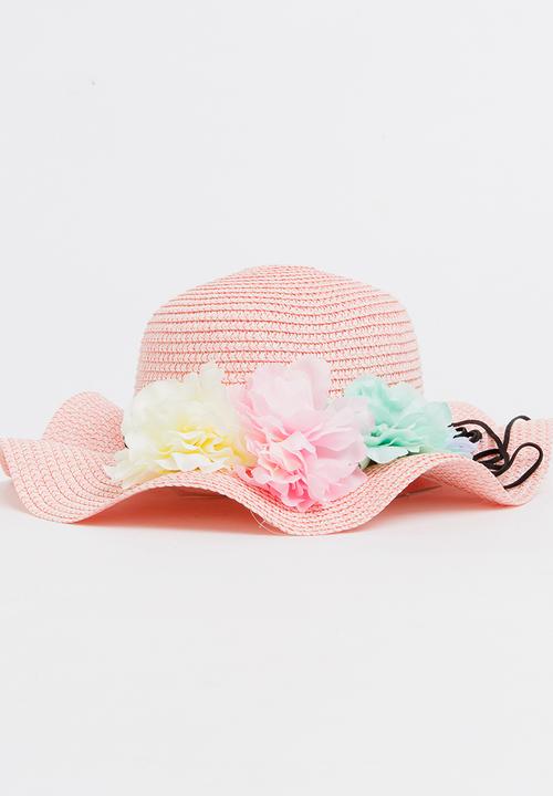 Pop Candy - Girls Flower Trim Straw Hat Mid Pink