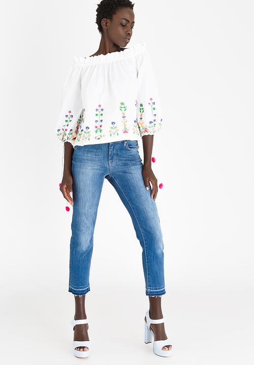 c(inch) - Embroidered Bardot Blouse White