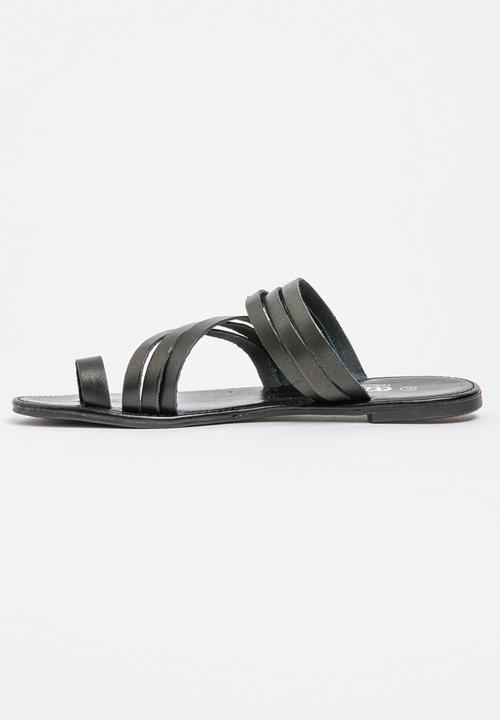 edit - Leather Strippy Toe-post Sandals Black