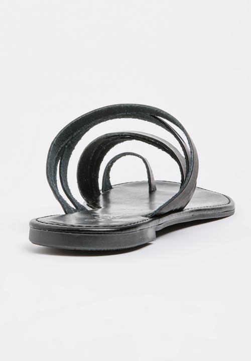 edit - Leather Strippy Toe-post Sandals Black