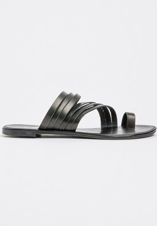 edit - Leather Strippy Toe-post Sandals Black