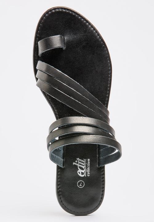edit - Leather Strippy Toe-post Sandals Black