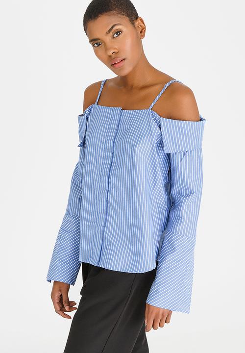 Noisy May - Joanna Off-the-shoulder Stripe Blouse Blue