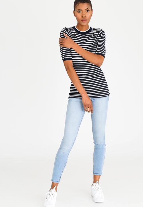 Pieces - Saria Short Sleeve Knit Top Navy & White