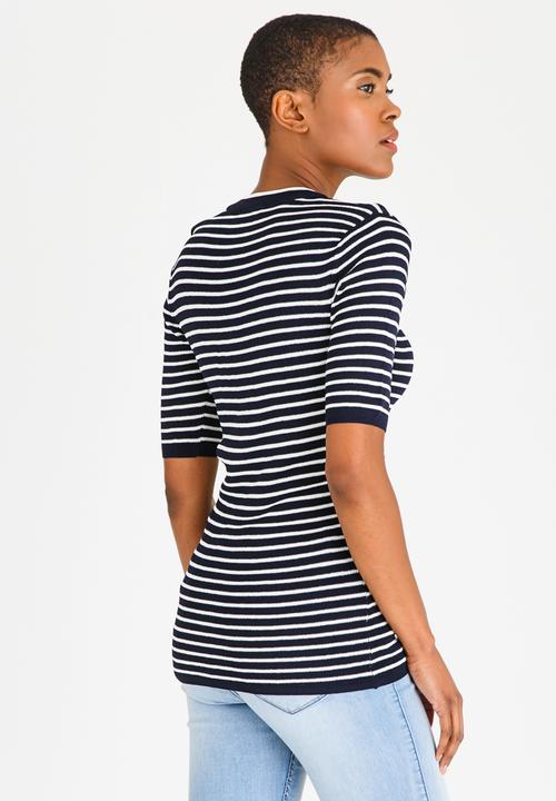 Pieces - Saria Short Sleeve Knit Top Navy & White