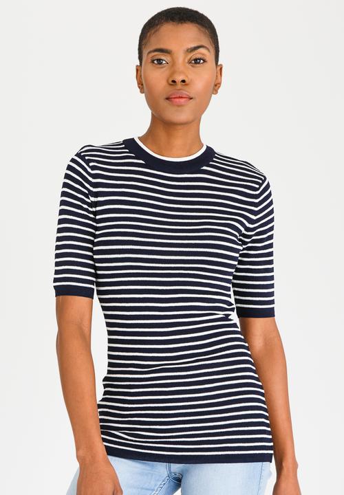 Pieces - Saria Short Sleeve Knit Top Navy & White