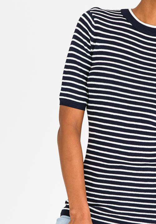 Pieces - Saria Short Sleeve Knit Top Navy & White