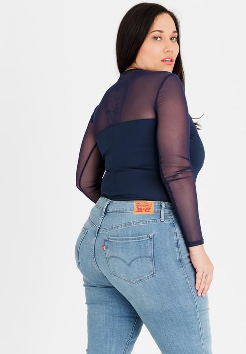 STYLE REPUBLIC PLUS - Scuba Bodysuit with Mesh sleeve Navy