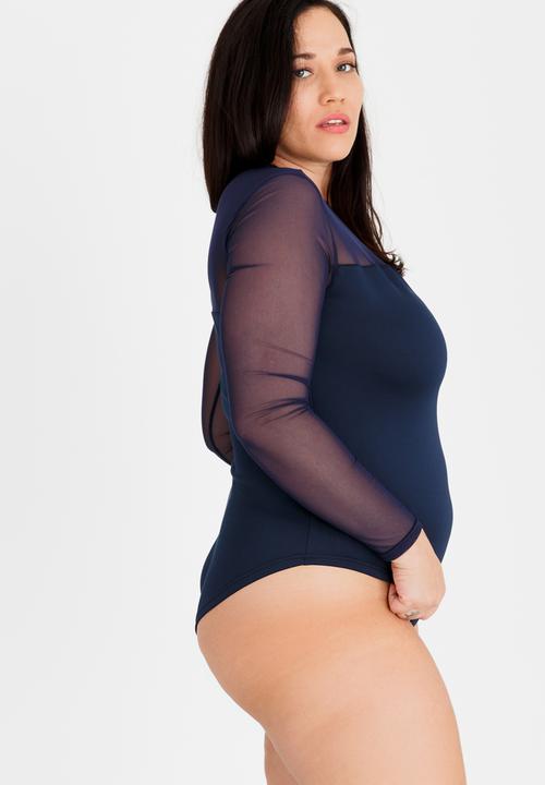 STYLE REPUBLIC PLUS - Scuba Bodysuit with Mesh sleeve Navy