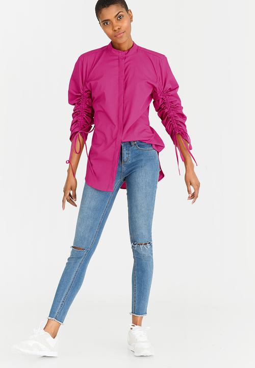 STYLE REPUBLIC - Ruched Sleeve Shirt Cerise Pink