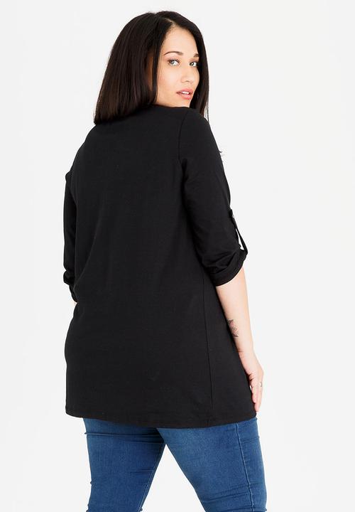 edit Plus - 3/4 Sleeve T-shirt with Tab Detail Black