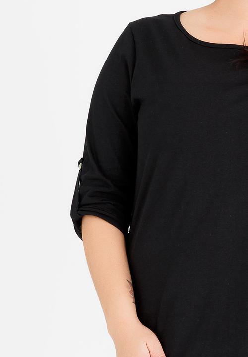 edit Plus - 3/4 Sleeve T-shirt with Tab Detail Black