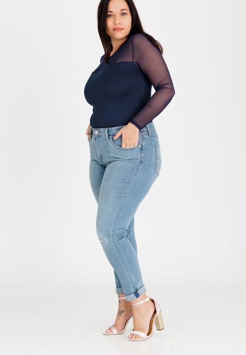 STYLE REPUBLIC PLUS - Scuba Bodysuit with Mesh sleeve Navy