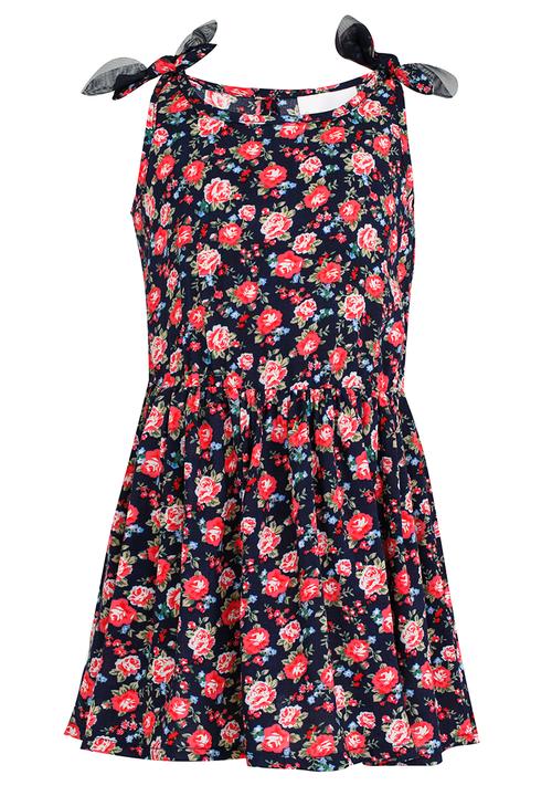 See-Saw - Mid Waist Dress with Mesh Shoulder Bow Navy