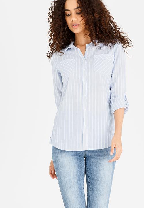 JEEP - Cambric Shirt with Roll-up Sleeve Detail Blue and White