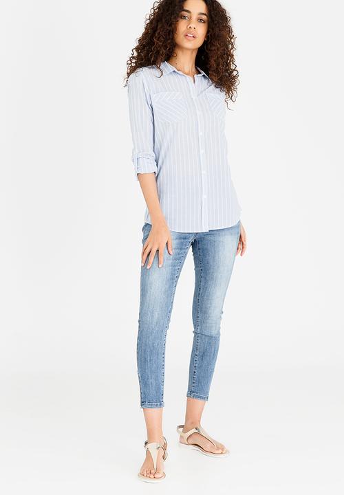 JEEP - Cambric Shirt with Roll-up Sleeve Detail Blue and White