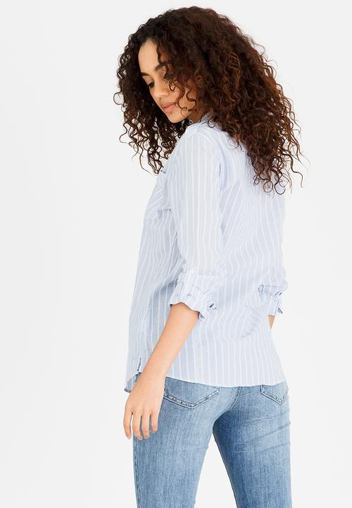 JEEP - Cambric Shirt with Roll-up Sleeve Detail Blue and White