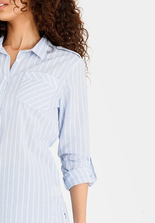 JEEP - Cambric Shirt with Roll-up Sleeve Detail Blue and White