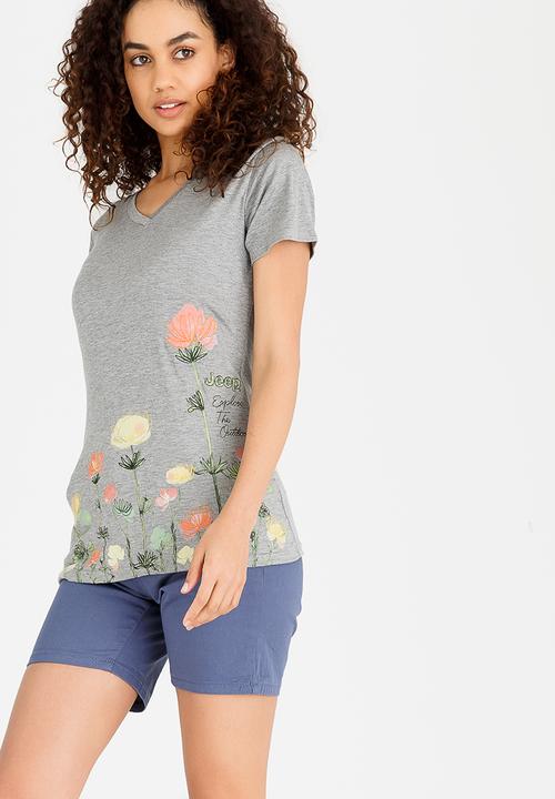 JEEP - Short Sleeve Print & Embroidery V-Neck Tee Grey