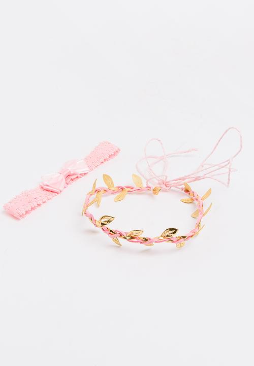 Jewels and Lace - Plaited Leaf and Bow Headband 2 Pack Mid Pink