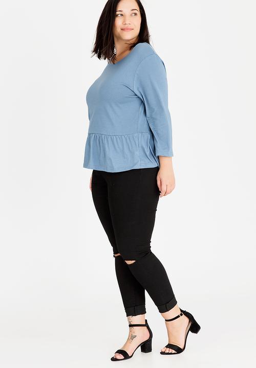 Brave Soul - Theresa 3/4 Sleeve Peplum Top Mid Blue
