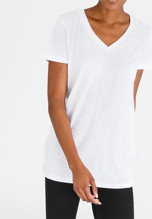 JEEP - Lace Trim V-neck Tee White