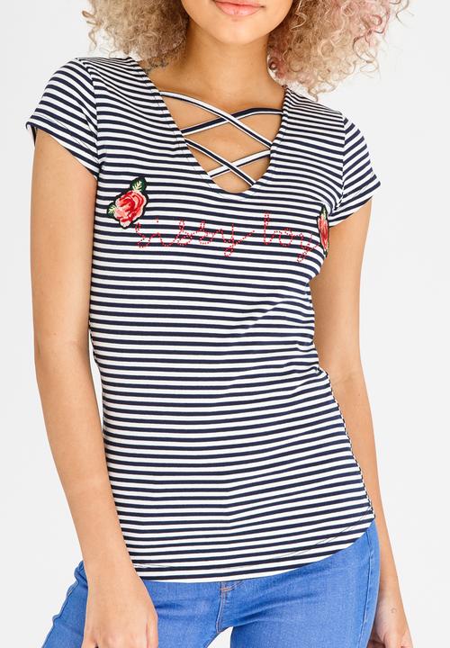 SISSY BOY - Striped Lace-up Tee Navy & White