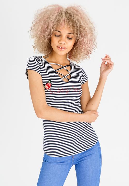 SISSY BOY - Striped Lace-up Tee Navy & White