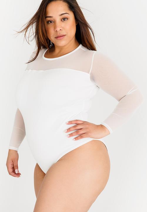 STYLE REPUBLIC PLUS - Scuba Bodysuit with Mesh sleeve White