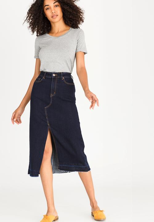 STYLE REPUBLIC - Maxi Denim Skirt with Front Slit Dark Blue
